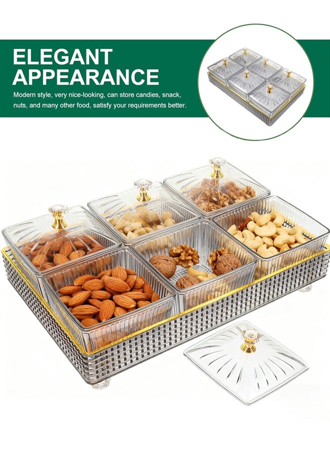 طبق وجبات خفيفة مكون من 6 أقسام مع غطاء، أطباق حلوى مع أغطية، وجبات خفيفة مقسمة للفواكه والمكسرات وعلب مقبلات وحاويات تخزين طعام للمنزل والحفلات والفنادق، رمادي - Image 1