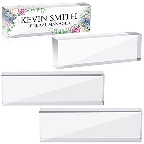 Marsui 4 Pcs Office Acrylic Name Plate Personalized Blank Custom Nameplate Clear Acrylic Glass Block for Desk Teacher Employees Gifts, 8 x 2.5 Inches - Image 1