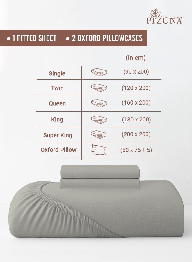 Pizuna Pure Combed Cotton King Fitted Sheet 180x200 cm Silver, 400 Thread Count Cool Luxury Soft 100% Long Staple Cotton Sateen Weave, 40cm Deep Pocket Bedsheet with 2 pillowcase (Fitted Sheet) - Image 3