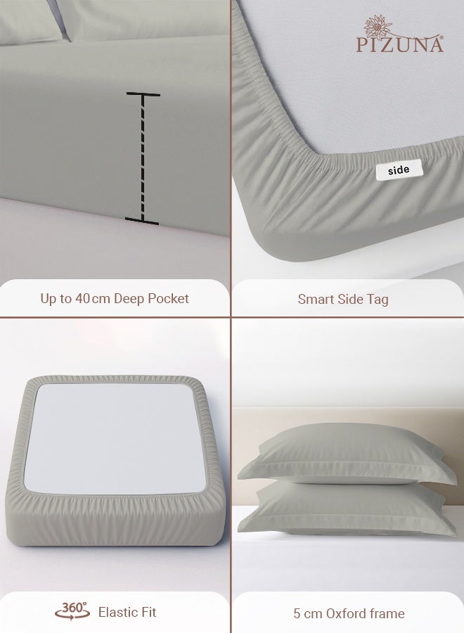 Pizuna Pure Combed Cotton King Fitted Sheet 180x200 cm Silver, 400 Thread Count Cool Luxury Soft 100% Long Staple Cotton Sateen Weave, 40cm Deep Pocket Bedsheet with 2 pillowcase (Fitted Sheet) - Image 4
