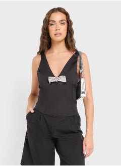 Ginger V Neck Diamante Bow Detail Top  - Image 1
