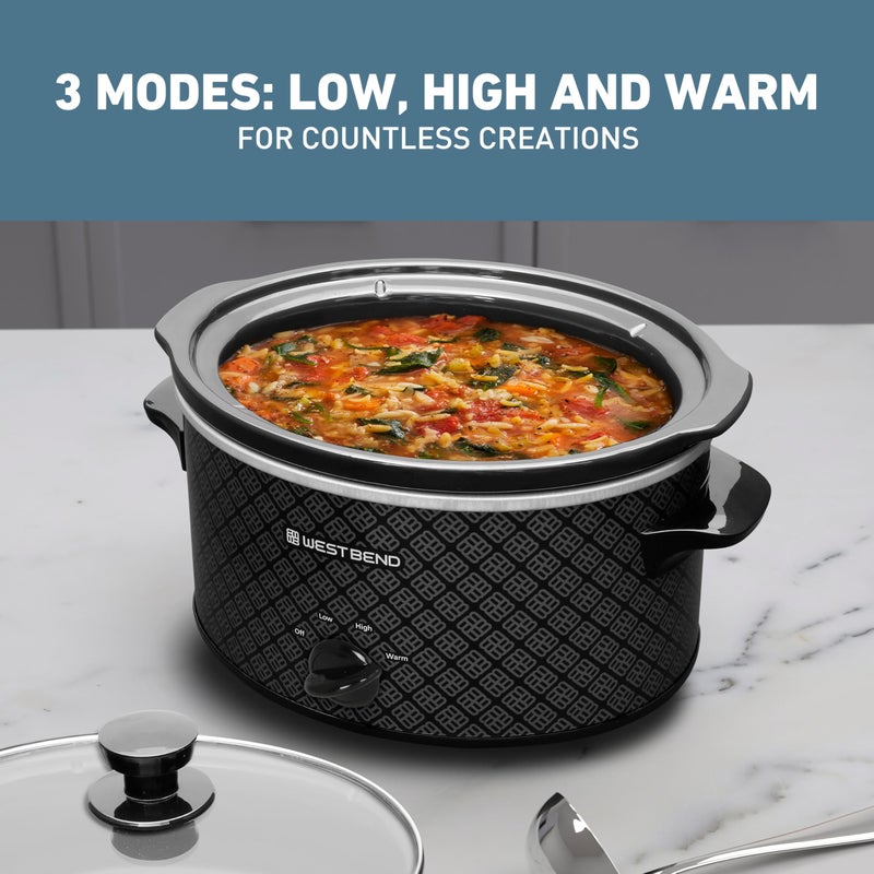 West Bend Slow Cooker 4-Quart Manual Crockery Style with Dishwasher Safe Oval Ceramic Crockpot and Glass Lid Two Temperature Settings Plus Keep Warm, 210-Watts, Black - Image 5