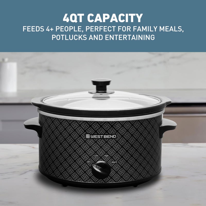 West Bend Slow Cooker 4-Quart Manual Crockery Style with Dishwasher Safe Oval Ceramic Crockpot and Glass Lid Two Temperature Settings Plus Keep Warm, 210-Watts, Black - Image 3