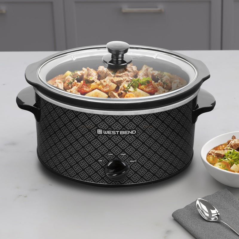 West Bend Slow Cooker 4-Quart Manual Crockery Style with Dishwasher Safe Oval Ceramic Crockpot and Glass Lid Two Temperature Settings Plus Keep Warm, 210-Watts, Black - Image 2