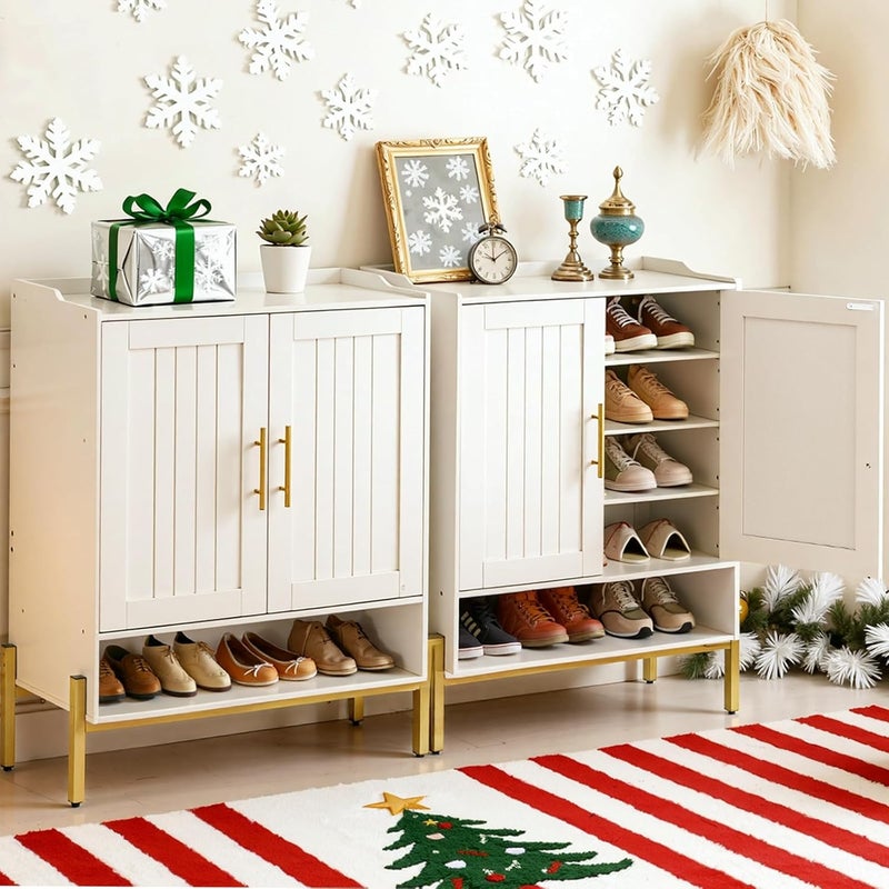 HOOBRO Shoe Cabinet, 5-Tier Shoe Storage Organizer with Doors, Wooden Shoe Cabinet Storage for Entryway, Freestanding Shoe Rack Cabinet with 3 Adjustable Shelves for Hallway, Gold and White EDW41SC01 - Image 4