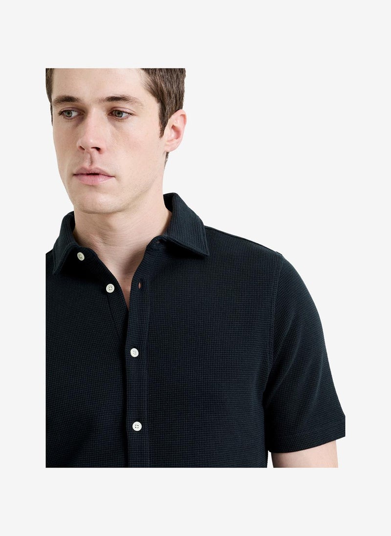 French Connection Men's Shortst Sleeve Textured Button-Through Navy Shirt - Image 2
