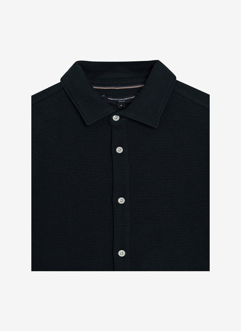 French Connection Men's Shortst Sleeve Textured Button-Through Navy Shirt - Image 4