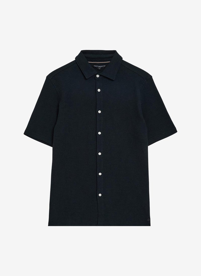 French Connection Men's Shortst Sleeve Textured Button-Through Navy Shirt - Image 3