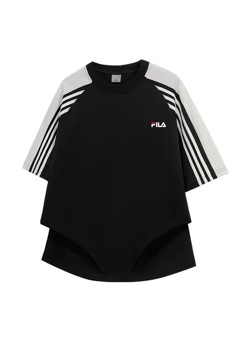 FILA shoulder-thrust three-bar contrast color short-sleeved T-shirt for men and women loose retro couple half sleeve shirt - Image 3