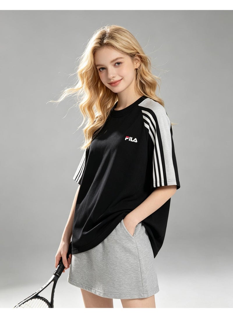 FILA shoulder-thrust three-bar contrast color short-sleeved T-shirt for men and women loose retro couple half sleeve shirt - Image 4