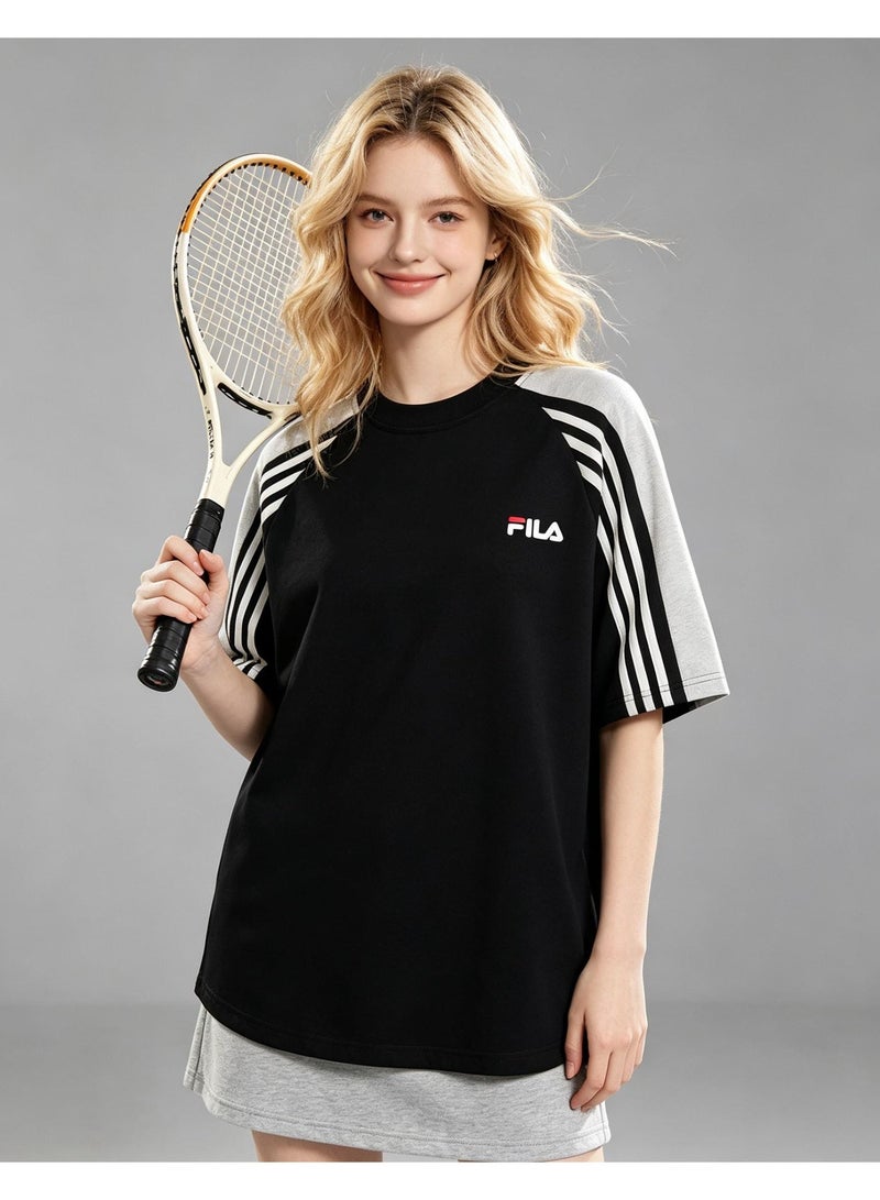 FILA shoulder-thrust three-bar contrast color short-sleeved T-shirt for men and women loose retro couple half sleeve shirt - Image 1