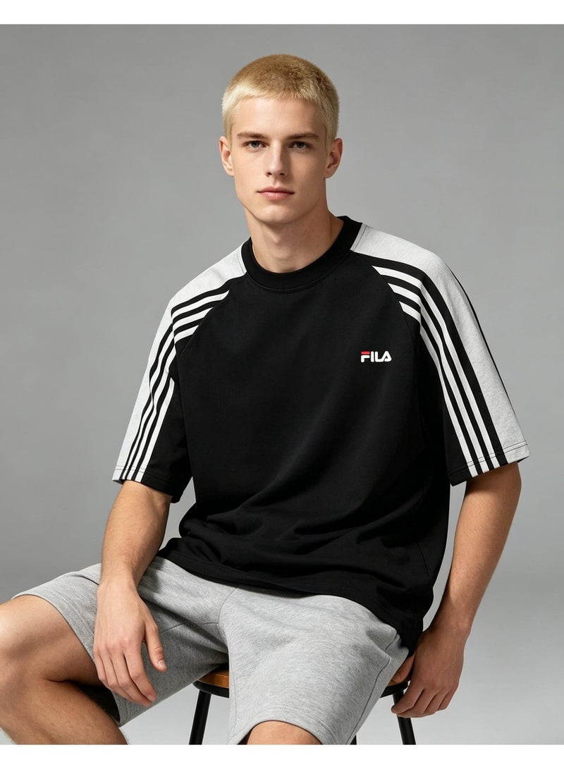 FILA shoulder-thrust three-bar contrast color short-sleeved T-shirt for men and women loose retro couple half sleeve shirt - Image 2