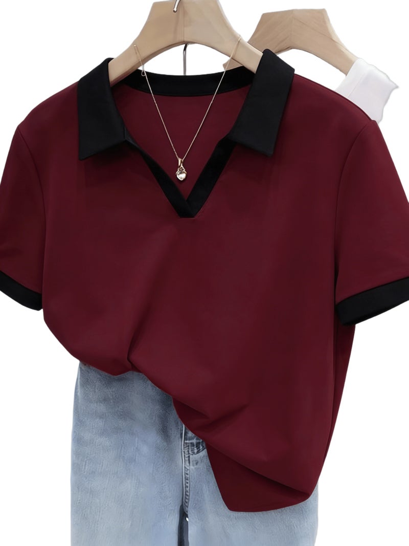 Women's Shirt, Summer Short - Sleeve T - Shirt, Collar, Polyester, Color Block, Simple Women's Top, Stretchy, Pullover, Spring\u002FSummer Style, Casual Business Style, Women's Apparel,... - Image 1