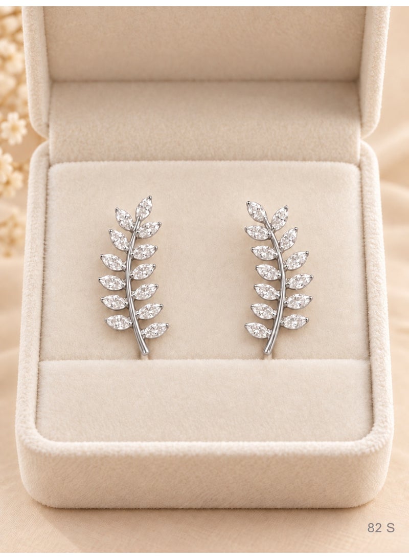 3Diamonds Silver Leaf Earrings, Platinum & Rhodium Plated Elegant Style - Image 3
