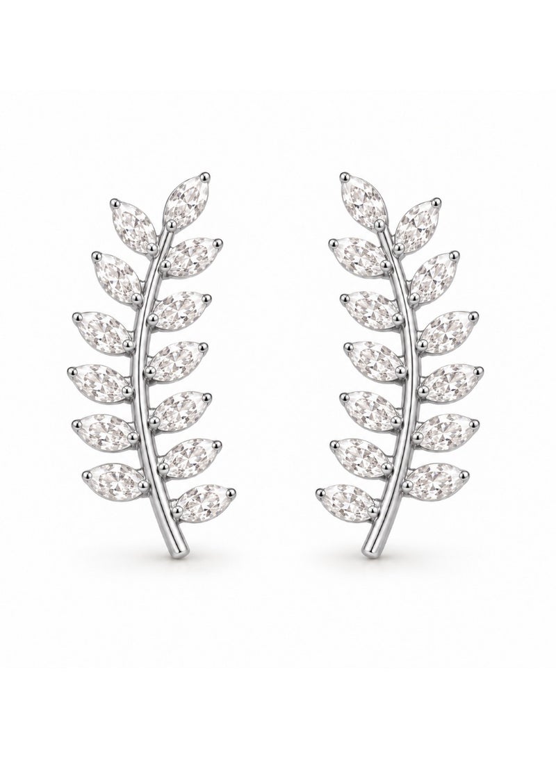 3Diamonds Silver Leaf Earrings, Platinum & Rhodium Plated Elegant Style - Image 1