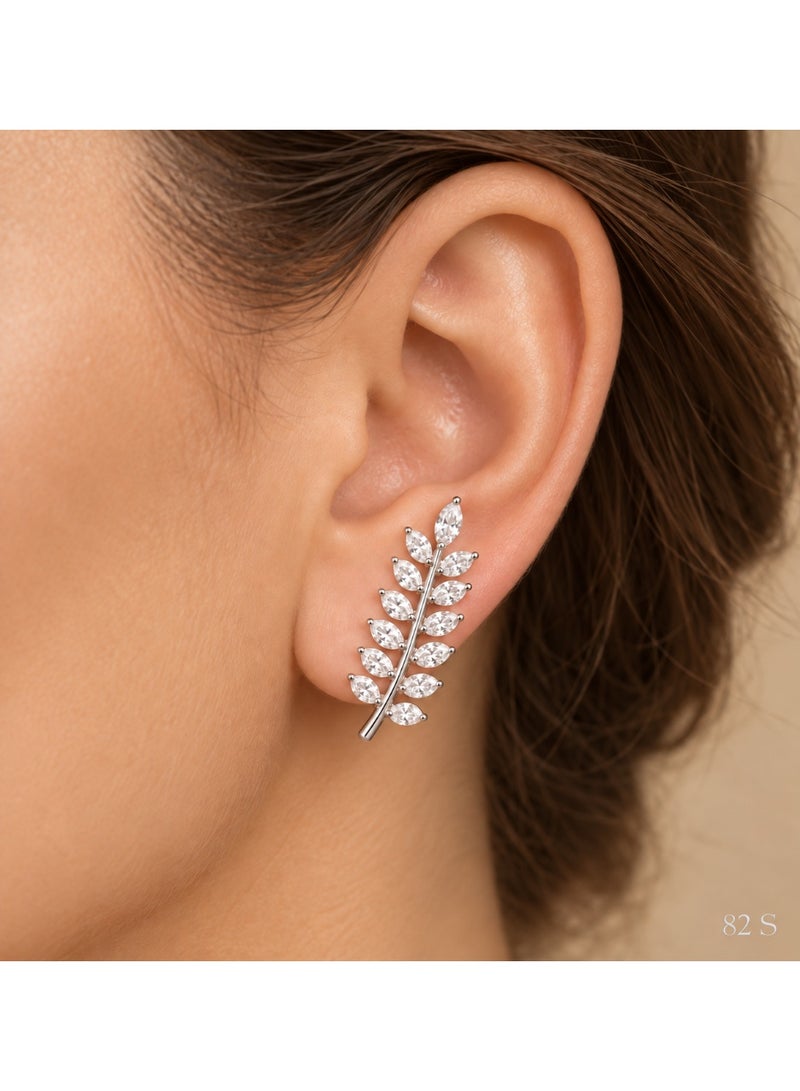 3Diamonds Silver Leaf Earrings, Platinum & Rhodium Plated Elegant Style - Image 2