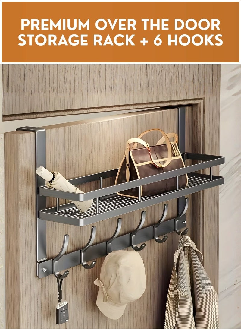 JUNI Over The Door Hooks with Shelf – 6 Hook No-Drill Door Hanger Organizer, Heavy-Duty Metal Over Door Rack for Bathroom, Shower Door, Bedroom & Dorm Storage - Image 3