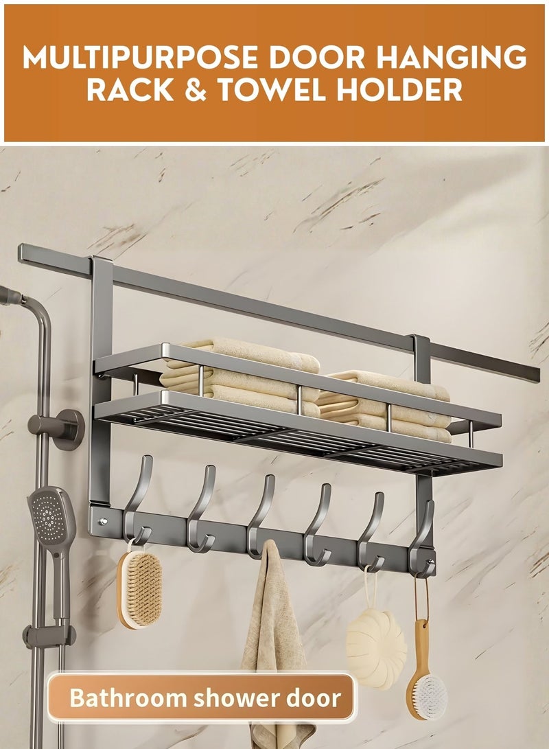 JUNI Over The Door Hooks with Shelf – 6 Hook No-Drill Door Hanger Organizer, Heavy-Duty Metal Over Door Rack for Bathroom, Shower Door, Bedroom & Dorm Storage - Image 2