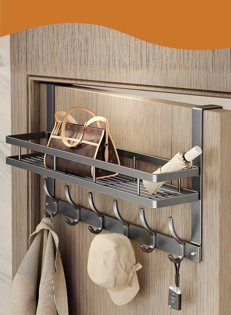 JUNI Over The Door Hooks with Shelf – 6 Hook No-Drill Door Hanger Organizer, Heavy-Duty Metal Over Door Rack for Bathroom, Shower Door, Bedroom & Dorm Storage - Image 1