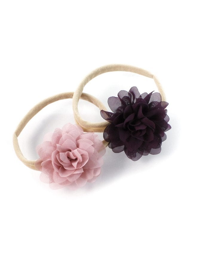 My Lello Baby Girl Rounded Petal Chiffon Flower Nylon Elastic Headbands Set 2pcs - Small - Dusty Lilac/Plum - Image 1