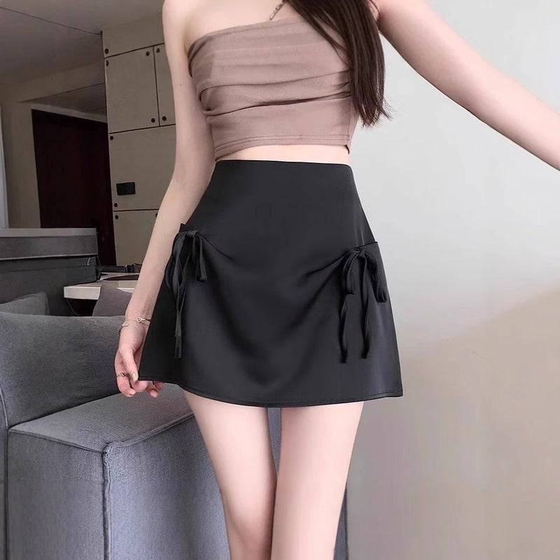Women's A-Line Mini Skirt with Bow, High Waist, Black (Built-in Shorts) - Image 1