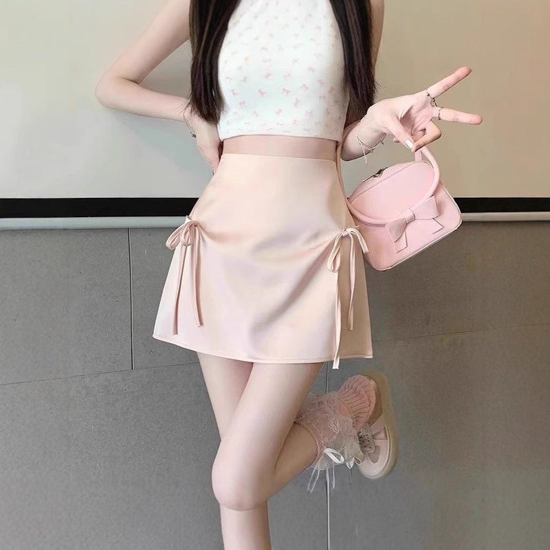 Women's A-Line Mini Skirt with Bow, High Waist, Black (Built-in Shorts) - Image 2