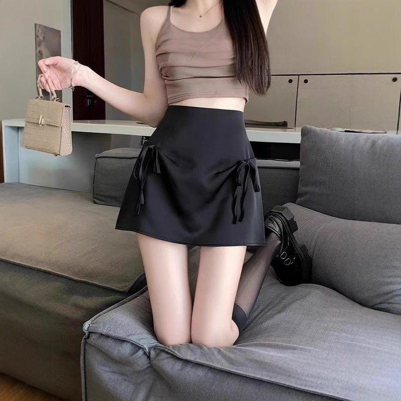 Women's A-Line Mini Skirt with Bow, High Waist, Black (Built-in Shorts) - Image 3