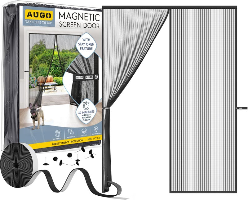 AUGO Magnetic Screen Door - Self Sealing, Heavy Duty, Hands Free Mesh Partition Keeps Bugs Out - Pet and Kid Friendly - Patent Pending Keep Open Feature - 74 Inch x 81 Inch - Image 1
