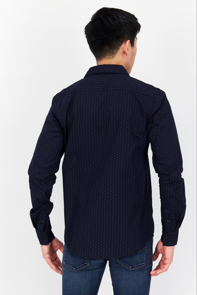 Company Eighty One قميص رجالي كاجوال بأكمام طويلة ونقشة نقاط صغيرة بتصميم عادي، أزرق Navy - Image 4