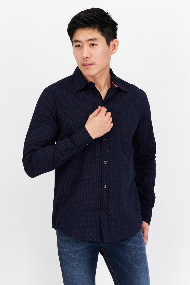 Company Eighty One قميص رجالي كاجوال بأكمام طويلة ونقشة نقاط صغيرة بتصميم عادي، أزرق Navy - Image 1