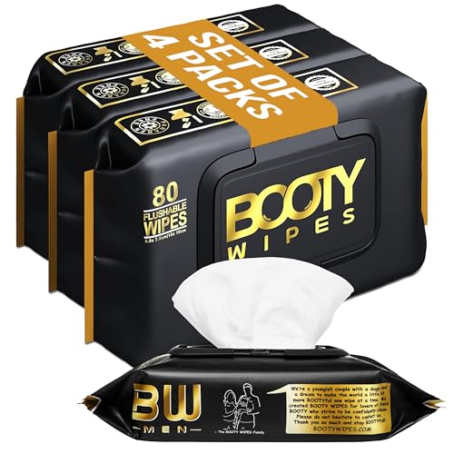 BOOTY WIPES Flushable Wipes for Men 80 Count Pack of 4 Wet Wipes for Adults pH Balanced with Aloe and Vitamin E Gentle Cleansing Disposable Toilet Wipes for Sensitive Skin