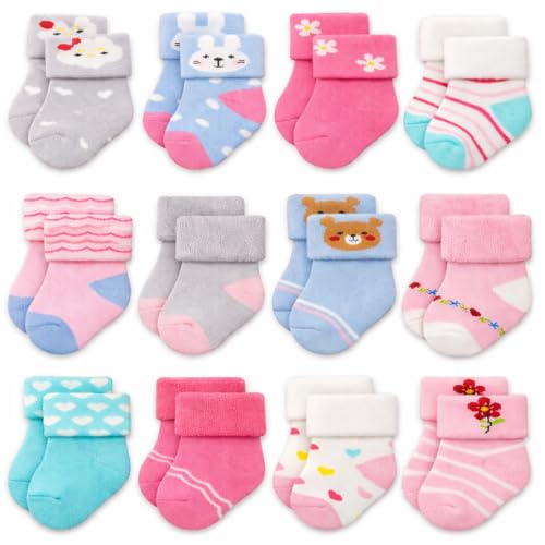 RATIVE Newborn Socks Thick Terry Turn Cuff Socks for Baby Girls (0-6 months, 12-pairs/BG12) - Image 1