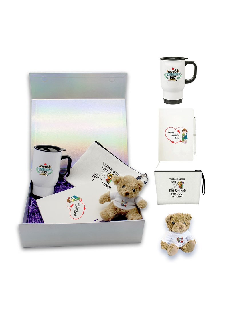 PRINTSHOP4ME Teacher’s Appreciation Pack of 4 Combo Gift Set – Travel Mug, Cosmetic Bag, Teddy Bear Combo Set – Teacher Thank You Gift – Gift for Teacher’s Day, Mentors, and Educators - Image 1