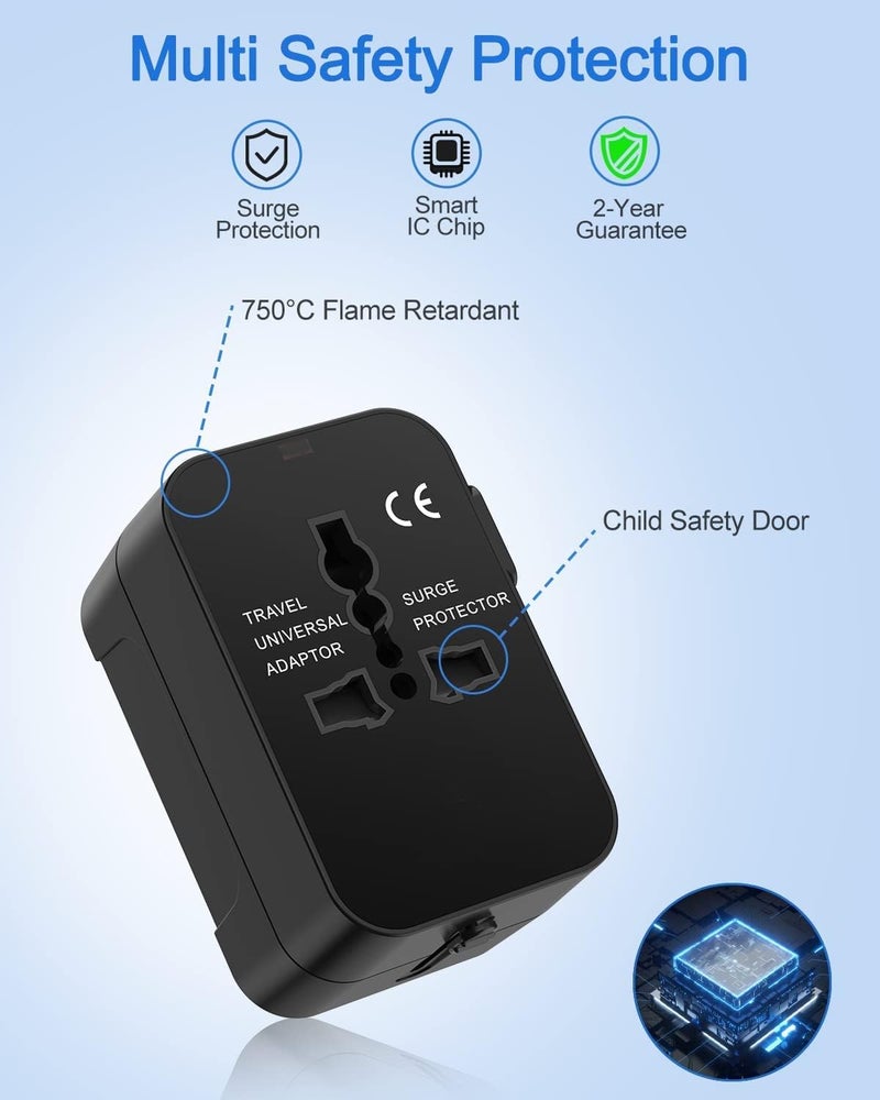Loire Safe & Secure Loire® Universal Travel Adapter with Type C - 3 in 1 International Travel Adapter - Universal Charger with 1 USB-A, 1 USB-C (2.4A Each) and Universal Output Socket - 1 Year Warranty - Image 4