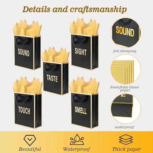 Nimbbex Gold Foil 5 Senses Gift Bags for Him Her with Labels Envelopes and Cards, Five Senses Gift Bags with Tissue Handle for Birthday, Anniversary, Mother's Day, Valentine's Day 9x7x3.2 Inch (Black) - Image 5