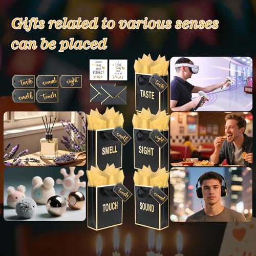 Nimbbex Gold Foil 5 Senses Gift Bags for Him Her with Labels Envelopes and Cards, Five Senses Gift Bags with Tissue Handle for Birthday, Anniversary, Mother's Day, Valentine's Day 9x7x3.2 Inch (Black) - Image 4