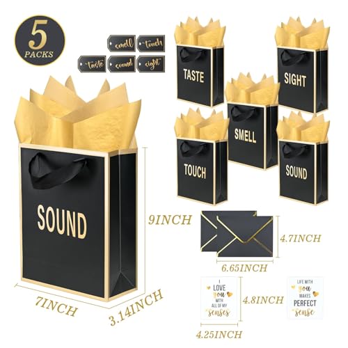 Nimbbex Gold Foil 5 Senses Gift Bags for Him Her with Labels Envelopes and Cards, Five Senses Gift Bags with Tissue Handle for Birthday, Anniversary, Mother's Day, Valentine's Day 9x7x3.2 Inch (Black) - Image 3