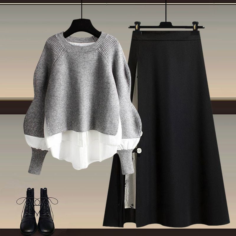 Autumn and Winter Outfits, a Complete Set of New Design Korean Style Fake Two-Piece Shirts for Women, Slimming Skirts 6738 black skirt single piece