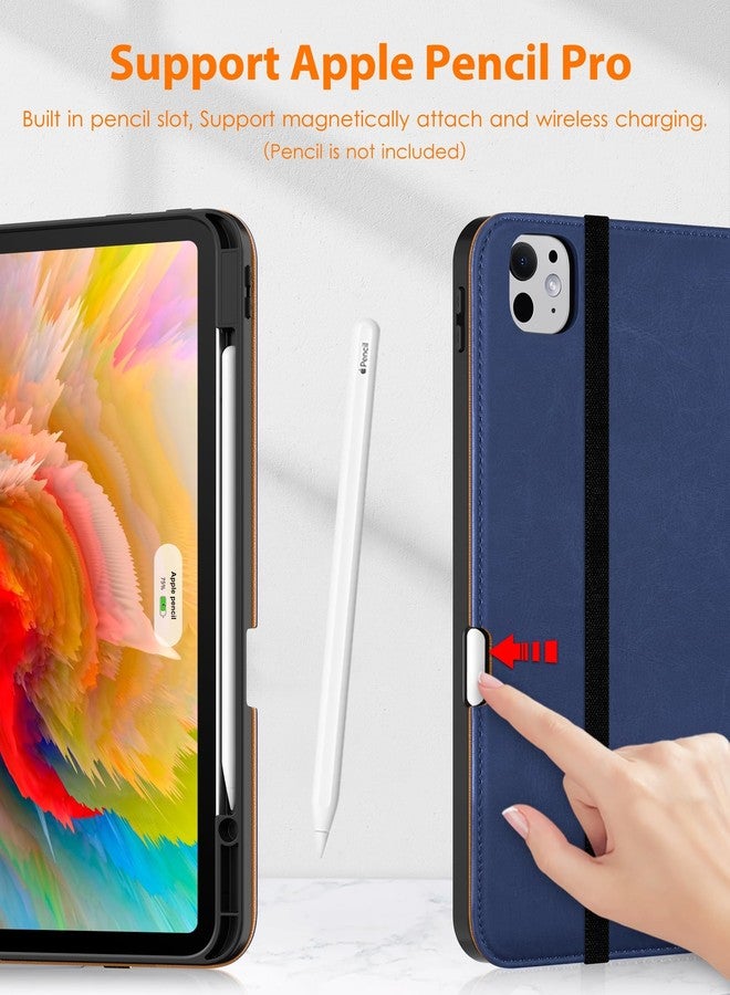 DTTO for iPad Pro 13 inch Case (M4) 2024, Premium Leather Business Folio Stand Cover with Pencil Holder - Auto Wake/Sleep and Multiple Viewing Angles, Built in Hand Strap & Pocket, Navy Blue - Image 3