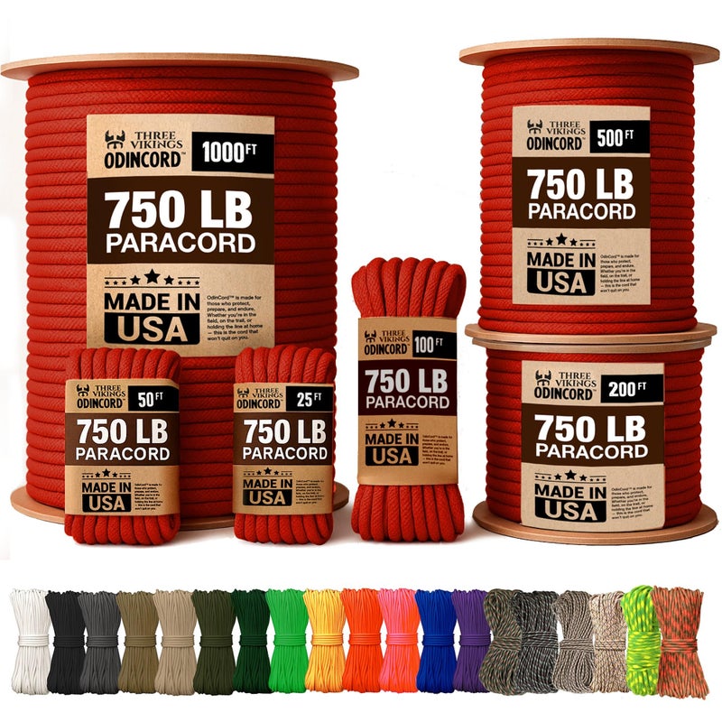 Three Vikings Paracord Rope - Made in USA - 750lb - 100% Nylon - Type IV - 11 Strand Core - Stronger Then Paracord 550 Cord - Red - 25 Ft. - Image 1