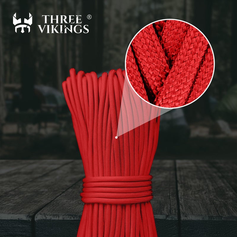 Three Vikings Paracord Rope - Made in USA - 750lb - 100% Nylon - Type IV - 11 Strand Core - Stronger Then Paracord 550 Cord - Red - 25 Ft. - Image 2
