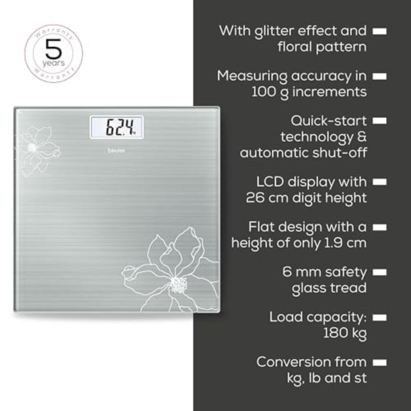 GS 10 Digital Glass Scale Sleek Tempered Glass Body Weight Scale with LCD Display, Automatic On/Off, 150kg Capacity German Precision Modern Bathroom Scale 5-Year Warranty - Image 5