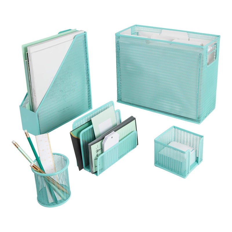BLU MONACO 5 Piece Cute Office Supplies Aqua Desk Organizer Set with Desktop Hanging File Organizer Magazine Holder Pen Cup Sticky Note Holder Letter sorter Aqua Desk Accessories