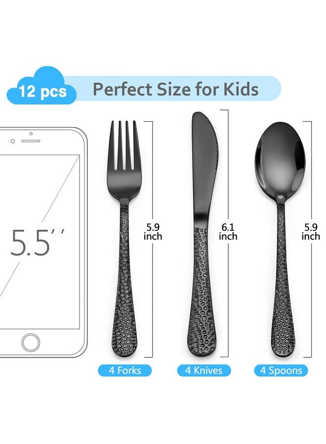 LIANYU 9-Piece Kids Black Silverware Set, Stainless Steel Toddler Utensils, Hammered Metal Flatware Cutlery Set Preschooler, Children Tableware Includes Knives Forks Spoons, Dishwasher Safe - Image 1