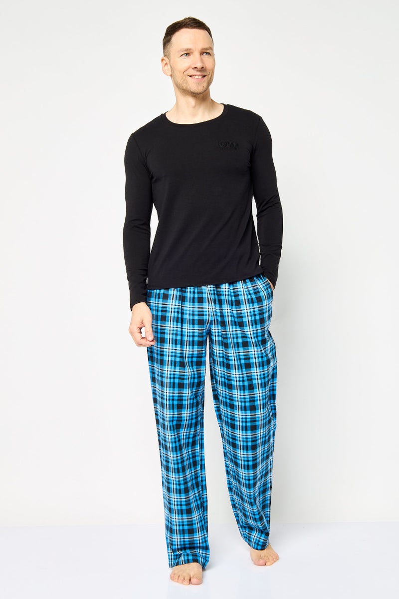 MOSCHINO Men 2 Pcs Embroidered Logo Long Sleeves Top And Plaid Pajama Set, Multicolor - Image 1