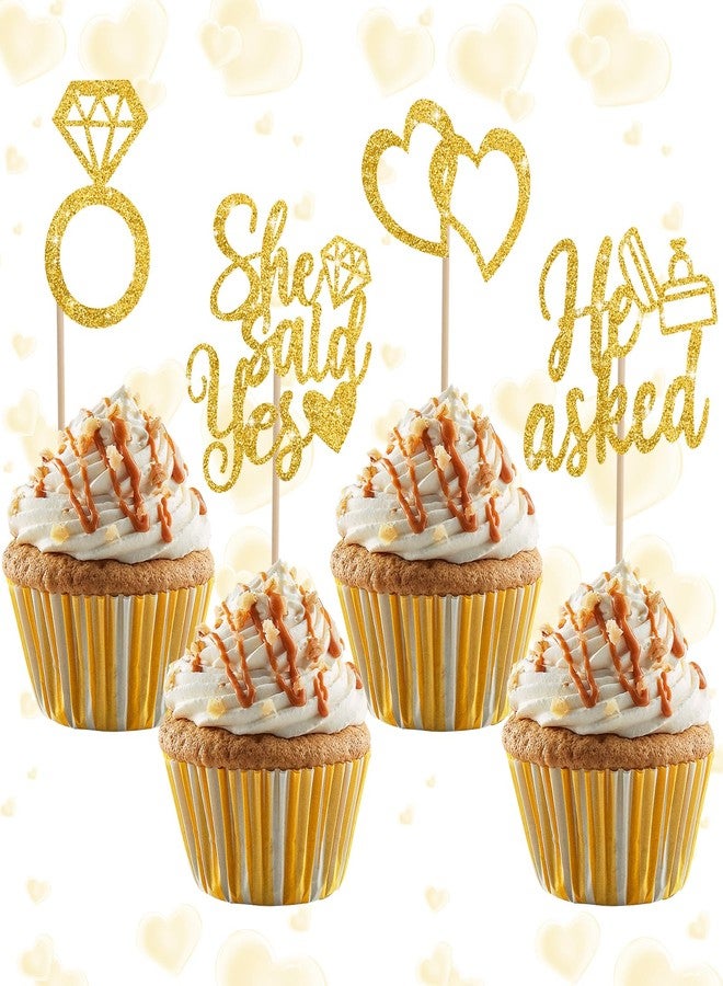 بيشيدا زينة كب كيك "سألها فقالت نعم" من بيشيدا، 24 قطعة، زينة كب كيك للخطوبة، خاتم ألماس لامع، قلب، أعواد تزيين كب كيك لحفلات الزفاف والخطوبة وحفلات توديع العزوبية (ذهبي) - Image 1