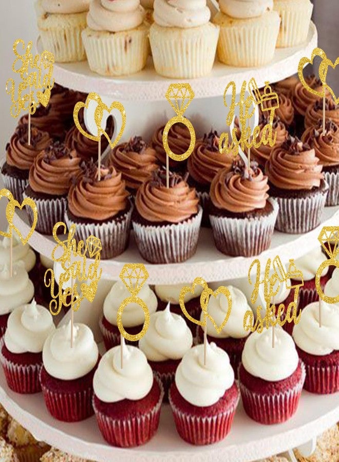 بيشيدا زينة كب كيك "سألها فقالت نعم" من بيشيدا، 24 قطعة، زينة كب كيك للخطوبة، خاتم ألماس لامع، قلب، أعواد تزيين كب كيك لحفلات الزفاف والخطوبة وحفلات توديع العزوبية (ذهبي) - Image 5