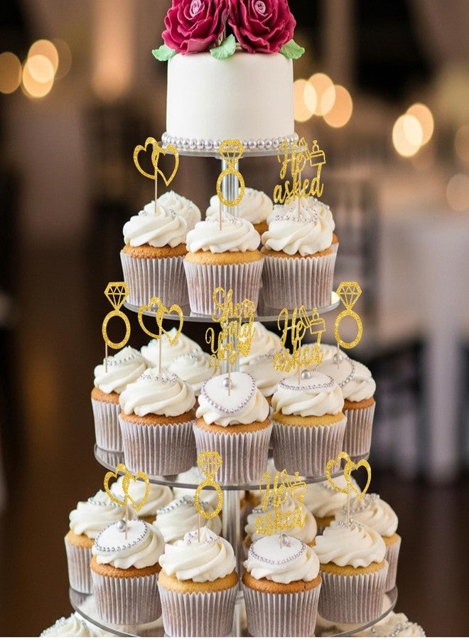 بيشيدا زينة كب كيك "سألها فقالت نعم" من بيشيدا، 24 قطعة، زينة كب كيك للخطوبة، خاتم ألماس لامع، قلب، أعواد تزيين كب كيك لحفلات الزفاف والخطوبة وحفلات توديع العزوبية (ذهبي) - Image 4