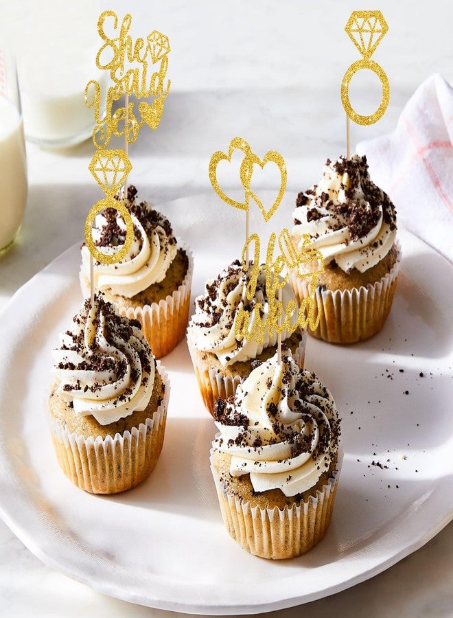 بيشيدا زينة كب كيك "سألها فقالت نعم" من بيشيدا، 24 قطعة، زينة كب كيك للخطوبة، خاتم ألماس لامع، قلب، أعواد تزيين كب كيك لحفلات الزفاف والخطوبة وحفلات توديع العزوبية (ذهبي) - Image 3