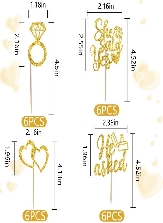 بيشيدا زينة كب كيك "سألها فقالت نعم" من بيشيدا، 24 قطعة، زينة كب كيك للخطوبة، خاتم ألماس لامع، قلب، أعواد تزيين كب كيك لحفلات الزفاف والخطوبة وحفلات توديع العزوبية (ذهبي) - Image 2
